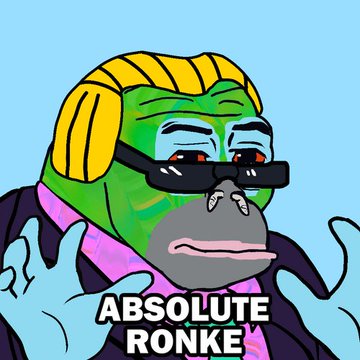 A cartoon meme image featuring a green anthropomorphic frog or ape character with yellow hair and dark glasses, with the text 'ABSOLUTE RONKE' at the bottom against a light blue background.