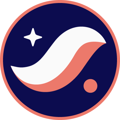 A circular logo featuring a dark blue background with a pink and white wave or infinity-like design and a small star in the upper left.