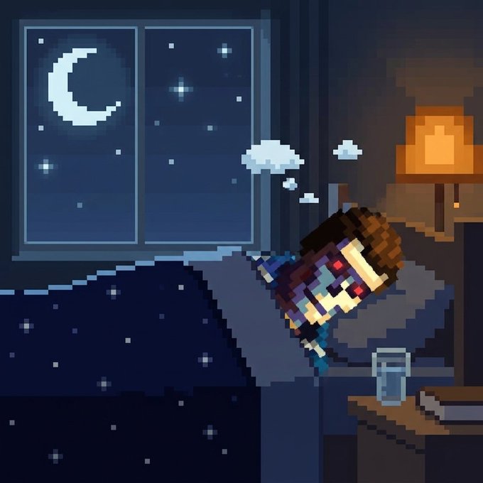 A pixel-art character with glowing red eyes is tucked into bed beside a window showing a crescent moon and starry night, dreaming of blockchain clouds. The cozy bedtime scene visually mirrors the post's playful crypto lullaby about securing the wallet and powering down the node for the night.