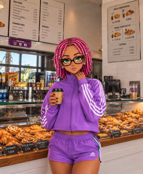 An AI-generated digital artwork depicting a woman with bright pink braided hair, large green glasses, and a purple Adidas tracksuit holding a coffee cup inside a Spanish bakery/café with a menu board showing 'BOLLERIA', 'CAFÉS', 'SANDWICHES', and 'BEBIDAS' in the background.