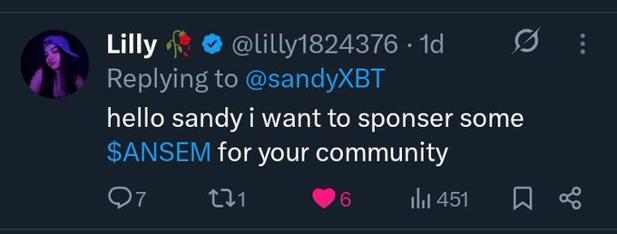 A screenshot of a tweet from verified user Lilly (@lilly1824376) replying to @sandyXBT, offering to sponsor $ANSEM for his community. The tweet has 7 replies, 1 retweet, 6 likes, and 451 views, which prompted Sandy to publicly share her Solana address for sponsorship distribution.
