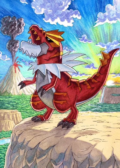 A vibrant colored pencil drawing depicts a red, dragon-like creature with yellow fins and white, blade-like wings roaring atop a rocky cliff, with a smoking volcano and rainbow-colored sky in the background.