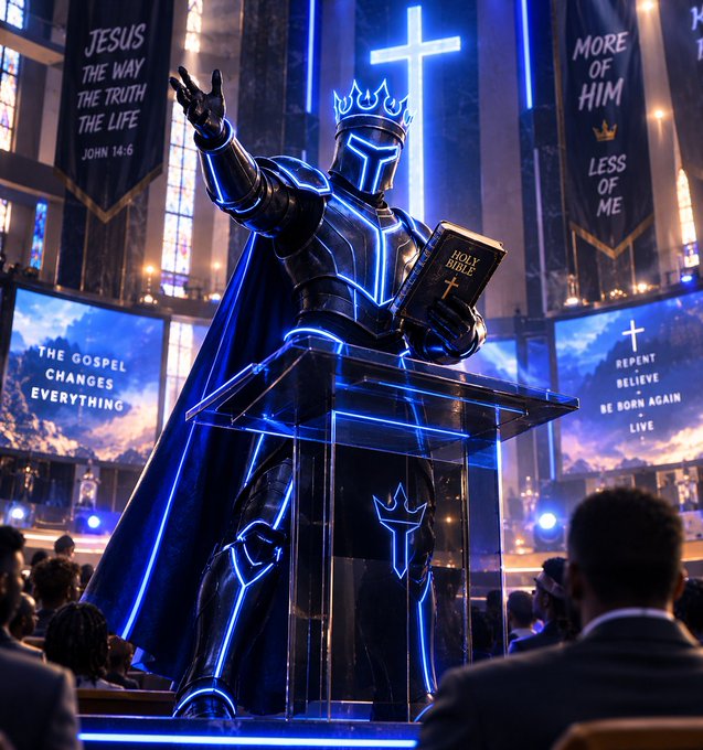 A futuristic, armored figure with glowing blue lines and a crown holds a Holy Bible at a podium, standing before an illuminated cross and banners reading 'JESUS THE WAY THE TRUTH THE LIFE' (John 14:6), 'MORE OF HIM LESS OF ME', 'THE GOSPEL CHANGES EVERYTHING', and 'REPENT BELIEVE BE BORN AGAIN'.