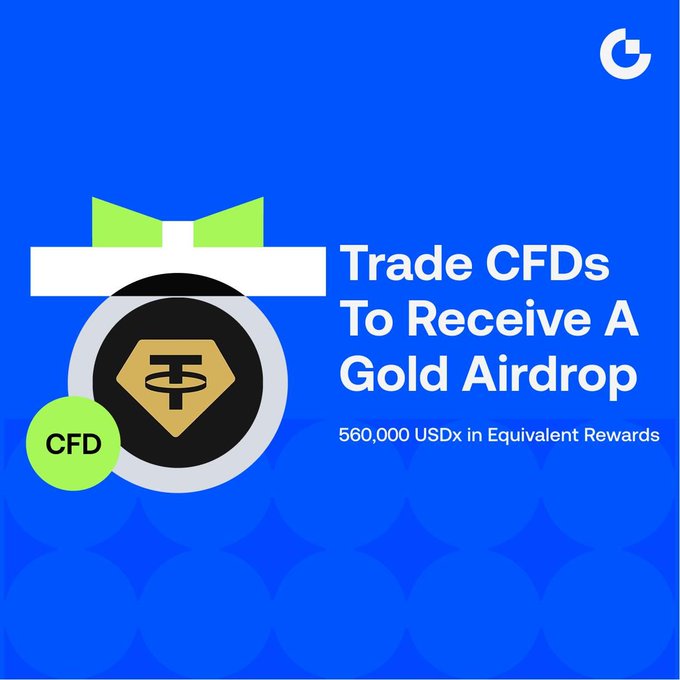 A promotional banner with a blue background features a gift box icon labeled "CFD" alongside a gold emblem, advertising "Trade CFDs To Receive A Gold Airdrop" with "560,000 USDx in Equivalent Rewards." The image visually supports the post's announcement of a limited-time CFD Gold Airdrop event where traders can earn XAUT rewards by meeting trading targets.