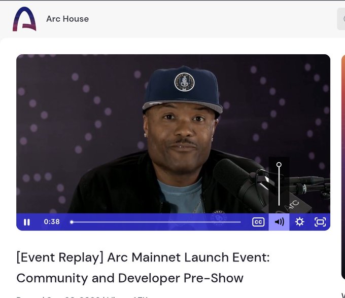 A video player interface shows a man wearing a blue cap with a logo, sitting in front of a microphone with a dark starry background, titled "[Event Replay] Arc Mainnet Launch Event: Community and Developer Pre-Show" from "Arc House."
