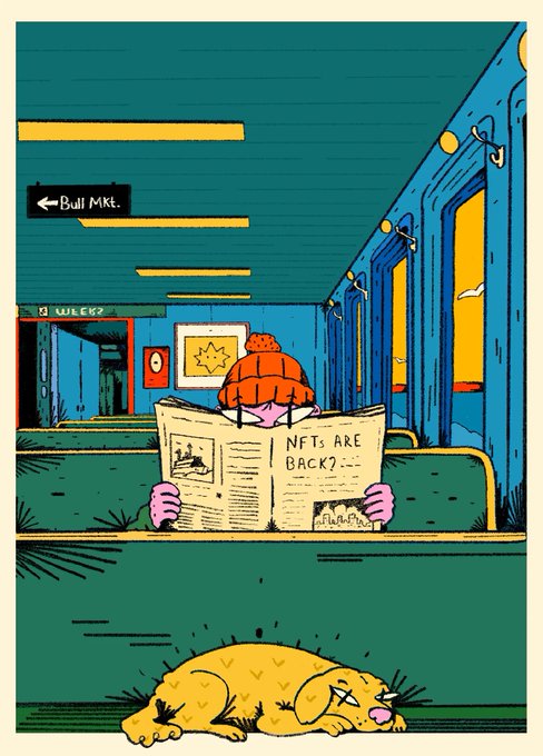 A stylized cartoon shows a person wearing an orange beanie reading a newspaper with the headline 'NFTS ARE BACK!!' on a subway train, with a 'Bull Mkt' sign pointing left and a yellow cat lying on the platform below.