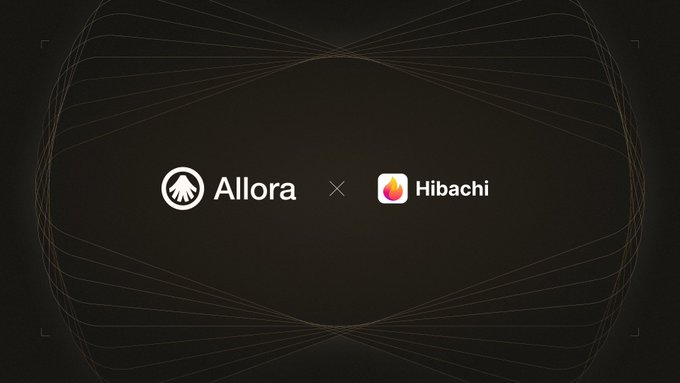 A promotional graphic on a dark background featuring the logos of "Allora" and "Hibachi" separated by an "×" symbol, framed by elegant curved lines, indicating a partnership between the two platforms related to the new Allora-powered trading strategy on RoboNet on Hibachi.