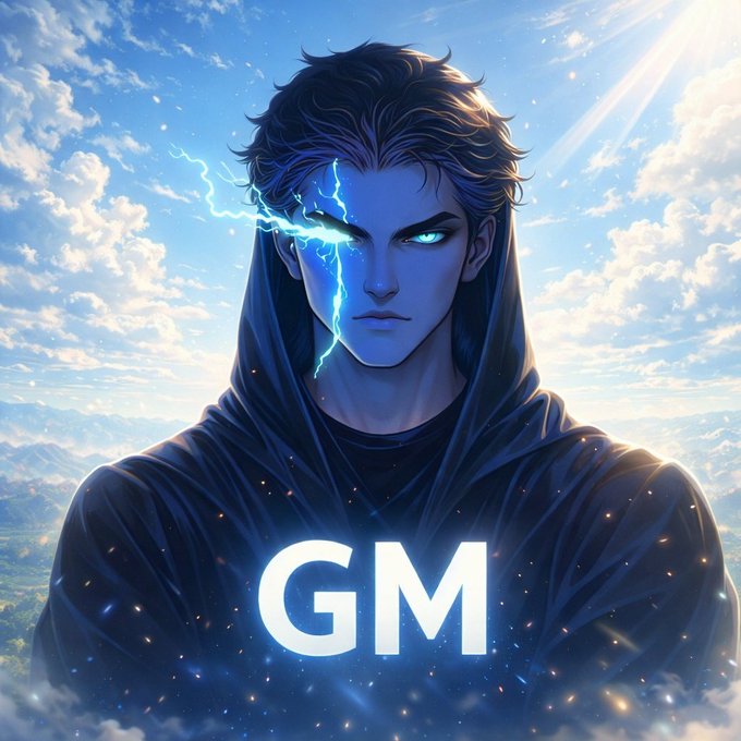 An anime-style illustration of a blue-skinned figure with glowing eyes and lightning emerging from one eye, wearing a dark hooded robe with the letters 'GM' displayed on the chest.
