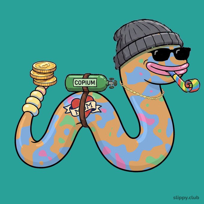 A cartoon camel character wearing a beanie, sunglasses, and gold chain with a tank labeled 'COPIUM' on its back, featuring 'I ❤ M' stickers and branded 'slippy.club'.