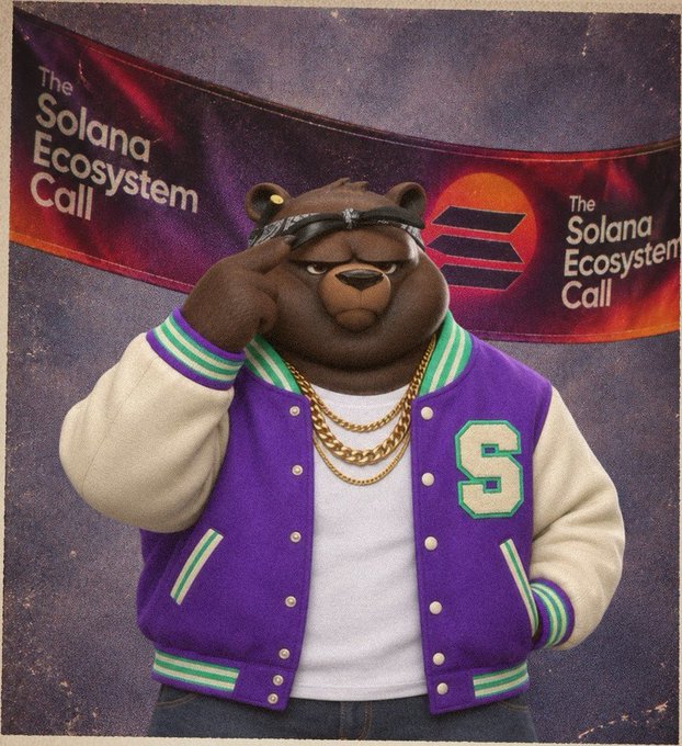 A 3D-rendered anthropomorphic bear wearing sunglasses, gold chains, and a purple and cream varsity jacket with an 'S' stands before a banner reading 'The Solana Ecosystem Call' with the Solana logo.