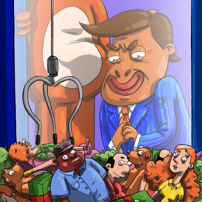 A satirical cartoon depicting a large caricature of a politician (labeled 'CM') reaching down with a grabber tool toward a crowd of cartoon voters below.