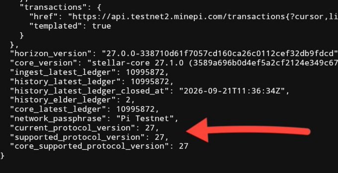 A code snippet displays network configuration data with a red arrow pointing to 'current_protocol_version': 27 and other details like 'network_passphrase': 'Pi Testnet'.