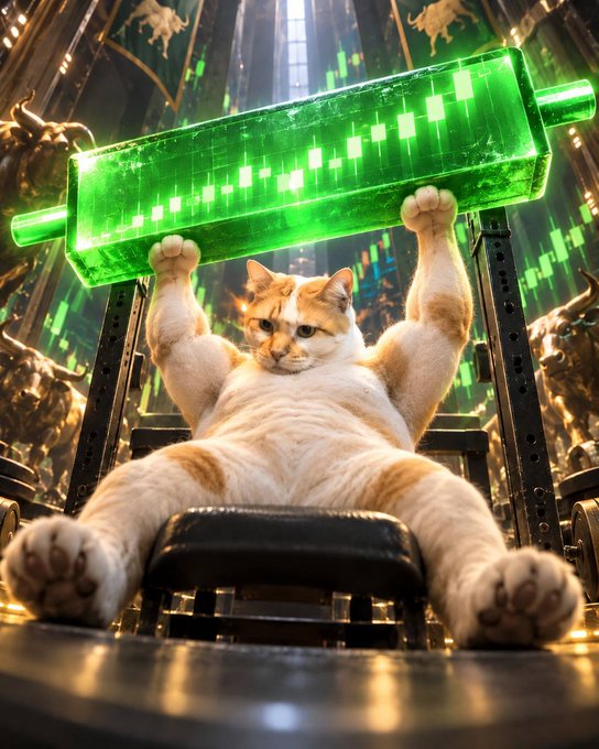 A surreal digital artwork shows a chubby orange and white cat sitting upright on a mechanical throne, holding up a large glowing green bar displaying a pixelated audio waveform.