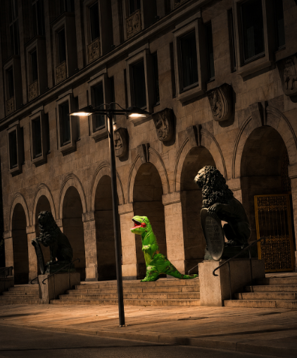 A nighttime scene of a classical building with arched colonnades and two lion statues, where the central lion has been digitally altered to glow bright green.