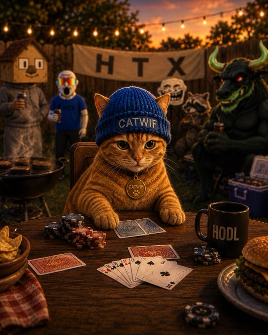 A cat wearing a blue 'CATWIF' beanie sits at a table playing cards with poker chips, with an 'HODL' mug nearby, while various crypto/meme characters (including a bull and other figures) gather around in a backyard setting.