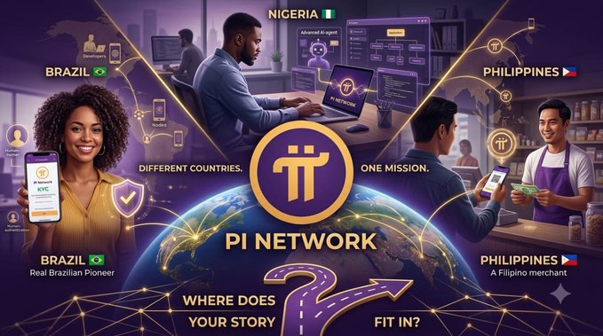 Promotional graphic for Pi Network showing people from Brazil, Nigeria, and Philippines with the text 'Different Countries, One Mission. Where Does Your Story Fit In?'