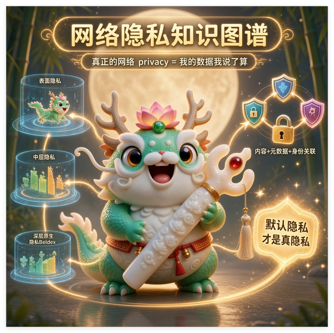 A stylized 3D illustration titled '网络隐私知识图谱' (Network Privacy Knowledge Graph) featuring a cute dragon-like character holding a scroll, surrounded by holographic diagrams illustrating layers of privacy ('表面隐私', '中层隐私', '深层原生隐私Beldex') and security shields.