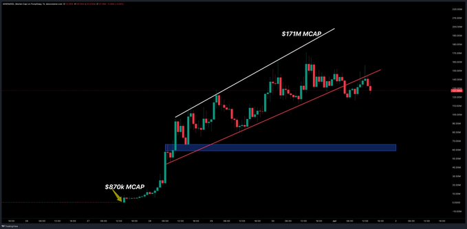 A candlestick chart for **$S171M MCAP** displays a strong upward trend within a rising wedge/channel, highlighted by blue and red trendlines, with a prior low marked at **$870K MCAP**. The post suggests the token looks **"cooked,"** implying the parabolic run shown in the chart has likely exhausted its momentum and is due for a pullback or reversal after its massive market cap expansion.