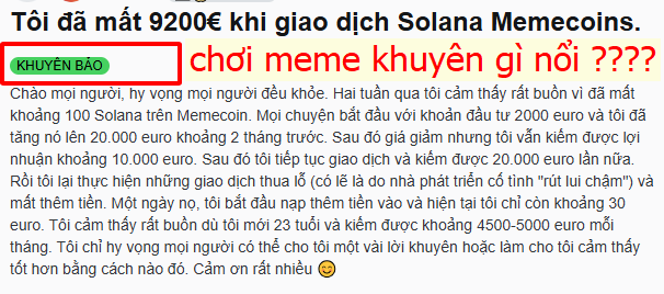 A Vietnamese text post about losing €9200 trading Solana Memecoins, with a 'KHUYẾN BÁO' (disclaimer) label highlighted in a red box and red text asking for advice.
