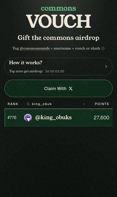 A screenshot of a 'commons VOUCH' page for an airdrop, showing a 'Claim With X' button and a ranking for user '@king_obuks' at #776 with 27,600 points.