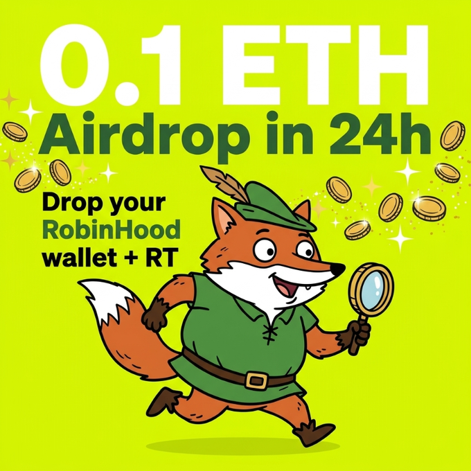 A bright yellow graphic features a cartoon fox dressed in Robin Hood attire, holding a magnifying glass and surrounded by flying coins. Bold text reads "0.1 ETH Airdrop in 24h" with instructions to "Drop your RobinHood wallet + RT," promoting the ETH giveaway tied to $ROBFOX and @FoxyHoodX.
