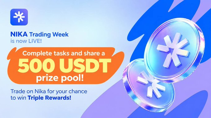 A promotional banner announces the "NIKA Trading Week" campaign, now live, featuring a 500 USDT prize pool for users who complete tasks and trade on Nika for a chance to win triple rewards. The colorful graphic includes the Nika asterisk logo alongside 3D-rendered tokens, visually reinforcing the accompanying post's call to action to join the Nika TaskON campaign before September 25.