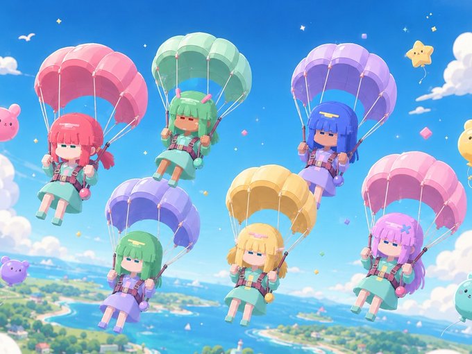 The image features a group of six girls sitting under colorful parachutes, each with unique designs and colors. The girls are all wearing matching outfits that include green tops and blue pants. They appear to be enjoying their time together as they float through the air in their parachutes. The background shows a clear sky filled with clouds, providing a beautiful backdrop for this whimsical scene.