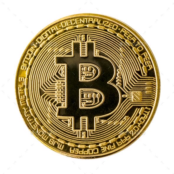 A close-up image of a gold-colored physical Bitcoin coin with engraved text including "BITCOIN DIGITAL DECENTRALIZED PEER TO PEER" and "MONETARY METALS FINE COPPER".