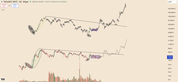 A trading chart showing TAOUSDT SPOT on a 5D timeframe at Bilget, with price at 259.8 (0.00%) and two descending wedge patterns highlighted with circles and lines, followed by a breakout spike.