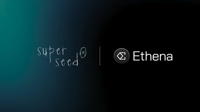 The image displays the "superseed" logo alongside the "Ethena" logo on a dark gradient background with teal accents, visually representing the partnership announcement. The accompanying post introduces Ethena's $sUSDe offering, now available in the Superseed strategy marketplace with a 3.81% yield on USDE deposits.