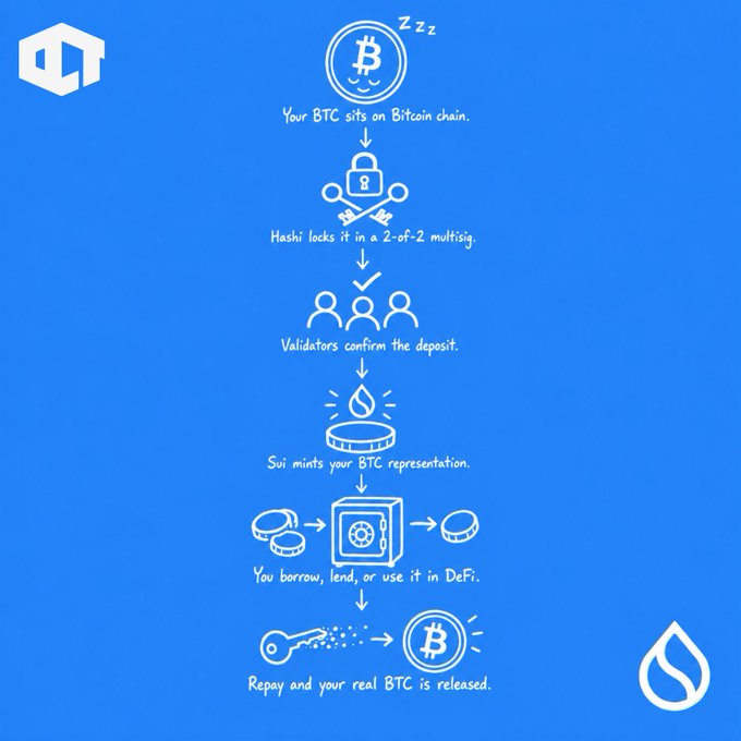The image features an infographic explaining how Bitcoin works, with a blue background featuring an explanation of Bitcoin's workflow against a white border. The infographic shows a list of Bitcoins sitting in various wallets around the world, with less than 1% actively being used for DeFi projects. The most active Bitcoin DeFi solution, Sui, has built the infrastructure to issue wrapped versions on another chain without touching your own BTC. The text at the bottom of the image reads: "$1.28 trillion sitting in Bitcoin wallets. Less than 1% of it is doing anything. $SUI just built the infrastructure to change that without touching your BTC." The infographic is accompanied by a watermark and the phrase "Repay and your real Btc is released."
