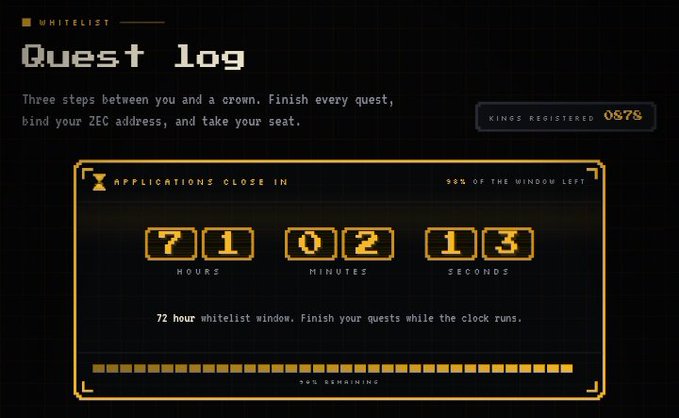 A digital "Quest log" interface for the @ZeckersNFT whitelist with 3,333 pixel kings, displaying a countdown timer showing 71 hours, 02 minutes, and 13 seconds remaining out of a 72-hour whitelist window, with 0878 kings already registered. The pixelated orange and black countdown screen visually represents the urgency and progress of the whitelist quest mentioned in the post.