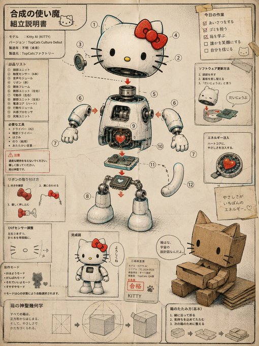 An illustration styled like a vintage instruction manual with Japanese text, titled "合成の使い魔 組立説明書" (Synthesis Familiar Assembly Manual), depicting a Hello Kitty (Kitty AI) robot with labeled parts and assembly diagrams alongside cardboard versions.