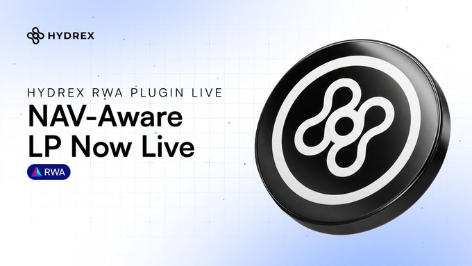 A promotional graphic for Hydrex announces "HYDREX RWA PLUGIN LIVE" and "NAV-Aware LP Now Live," alongside an "RWA" tag, complementing the post's message about Hydrex plugins being extensible, aggregator-friendly, and upgradable, with a featured 3D black and white Hydrex logo.