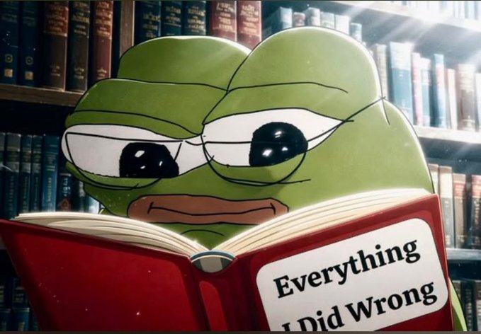 A Pepe the Frog meme image shows the green cartoon character reading a red book titled 'Everything I Did Wrong' in a library setting.