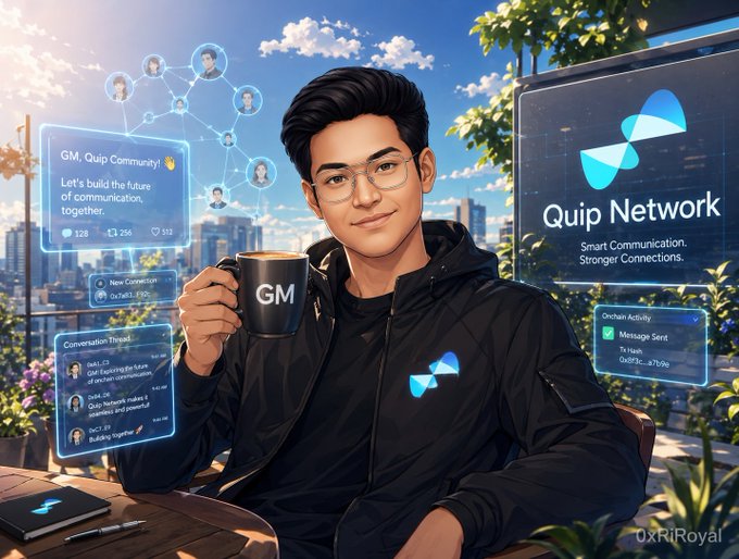 The image features a man sitting at a table with his hands around a cup of coffee, wearing glasses and a black jacket. The background shows an illustration of a city skyline, indicating that he might be working from home or enjoying some leisure time outdoors in a public space like a park. The post is titled "Good morning fam, bitcoin will probably get a post quantum upgrade path. ethereum will. solana will." It seems to be promoting Bitcoin and Ethereum as the future of cryptocurrency, with Bitcoin Cash being one of the options highlighted.