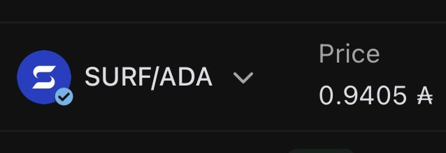 A dark interface snippet showing a token pair 'SURF/ADA' with a current price of '0.9405'.