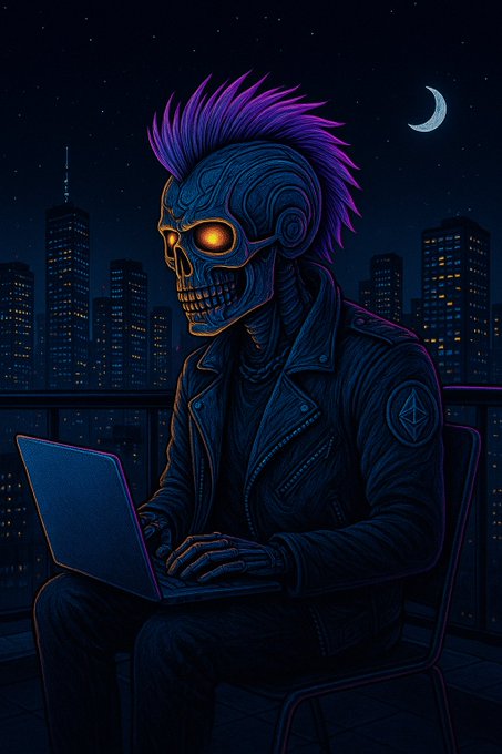 The image features a man sitting at a laptop computer with purple hair styled into a mohawk. The background of the image shows a city skyline under a dark sky, creating an urban atmosphere. The caption above the image reads "Focus on what is in the image and how it relates to the post".