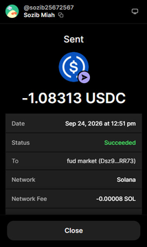 A digital wallet screenshot showing a successful Sent transaction of -1.08313 USDC dated Sep 24, 2026, sent to 'fud market (Dsz9...RR73)' on the Solana network with a network fee of -0.00008 SOL.