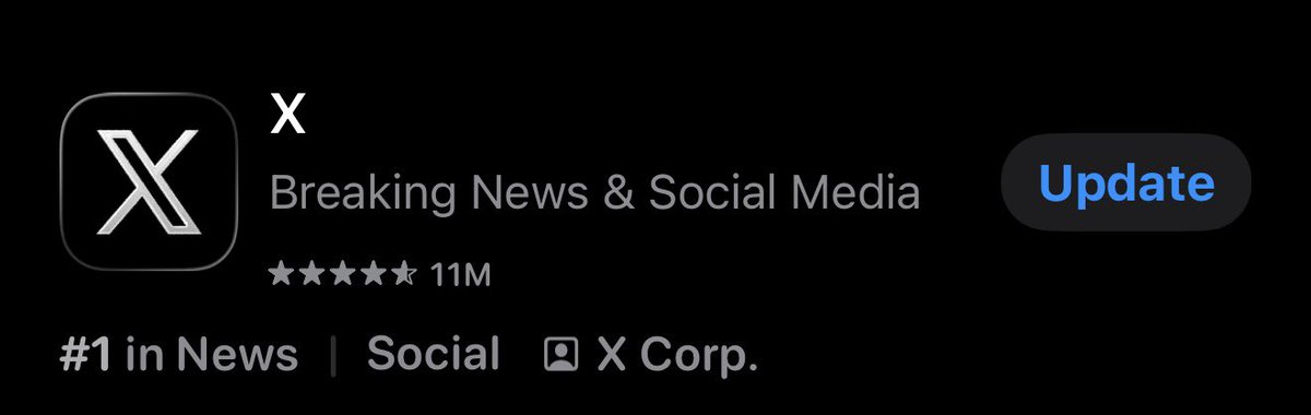 The image shows an App Store listing for X (formerly Twitter), the Breaking News & Social Media app, featuring its iconic black X logo, a 5-star rating with 11M reviews, and a blue "Update" button on the right. It relates to the post by promoting app updates as a way to access the new Live and Spaces features on the platform.