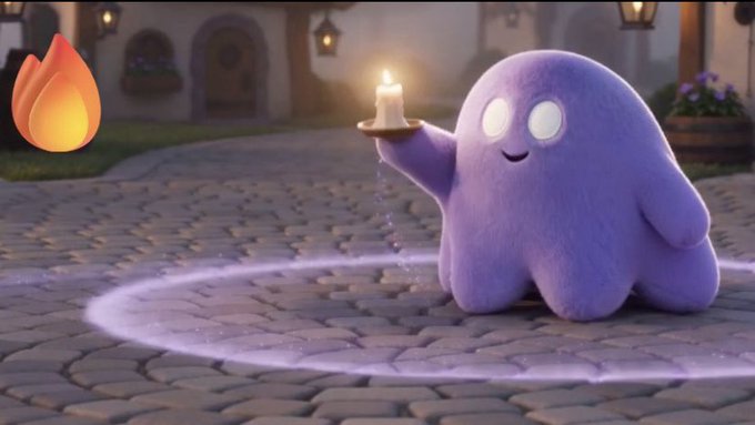 A 3D animated purple, fuzzy ghost-like character holding a lit candle on a cobblestone street, with a Fire logo in the upper left corner.