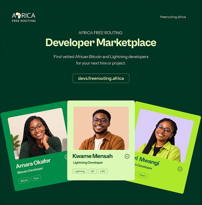 Promotional graphic for 'Africa Free Routing Developer Marketplace' (freerouting.africa) featuring green cards for developers Amara Okafor (Bitcoin, Rust) and Kwame Mensah (Lightning, Go, LND).