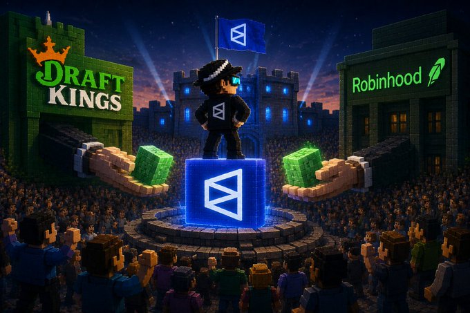 A pixel-art scene depicts a Polymarket avatar standing victoriously atop a glowing blue cube bearing the platform's logo, flanked by massive hands offering green cash cubes from the "DraftKings" and "Robinhood" castles. The image visually reinforces the post's message that established companies like DraftKings and Robinhood are actively investing in prediction markets, posing potential competition to Polymarket as it stands prominently in the spotlight.