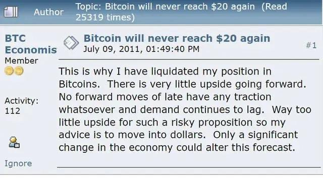A 2011 forum post titled "Bitcoin will never reach $20 again" from user BTC Economist, who liquidated their Bitcoin position citing "very little upside going forward" and advising others to move into dollars—an expensive prediction given Bitcoin's massive price appreciation in the years since.