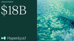 A graphic with a teal underwater fish background on the right, displaying 'OPEN INTEREST $18B' and the 'Hyperliquid' logo on a dark panel on the left.