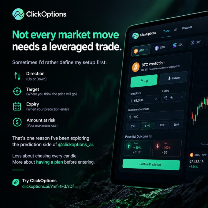 A promotional graphic for 'ClickOptions' with the text 'Not every market move needs a leveraged trade', featuring a phone screen showing a BTC Prediction market and the URL clickoptions.ai/?ref=tFd77Df.
