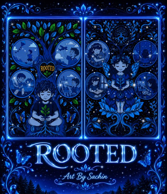 A blue-toned artwork titled 'ROOTED' by Sachin, featuring a boy and a fairy-like figure with nature motifs and circular scenes, with the text 'Art By Sachin' at the bottom.