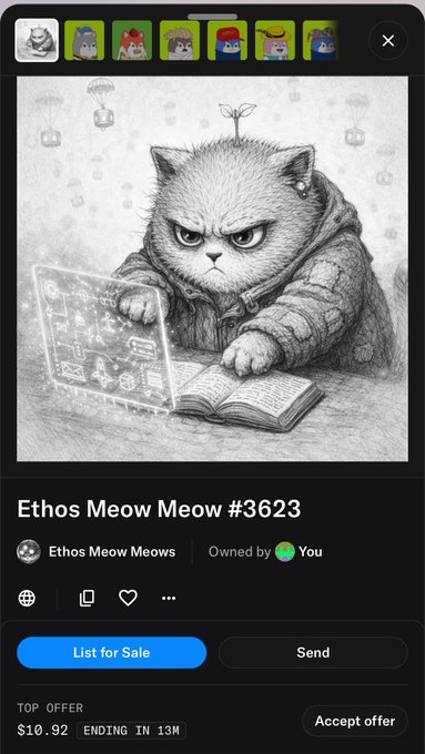 A mobile screenshot displays an NFT called 'Ethos Meow Meow #3623' showing a sketched cat in a hoodie with a laptop, listed with a top offer of $10.92 ending in 13 minutes.