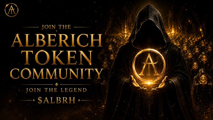 A promotional graphic featuring a hooded figure holding a glowing golden coin with the letter 'A', with text reading 'JOIN THE ALBERICH TOKEN COMMUNITY', 'JOIN THE LEGEND', and '$ALBRH'.