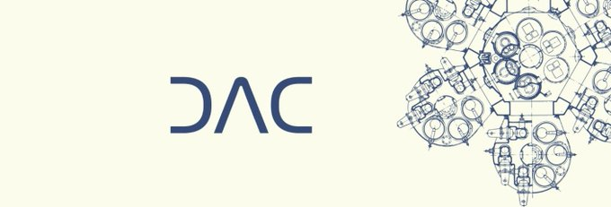 A cream-colored banner featuring the "DAC" logo next to a blue technical blueprint illustration of a circular space station or colony.